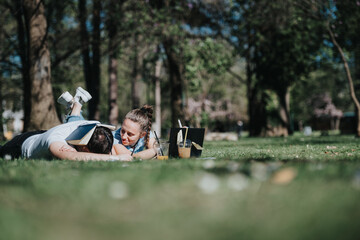 Obraz premium A school couple lies on the grass, studying and enjoying each other's company under the warm sun.