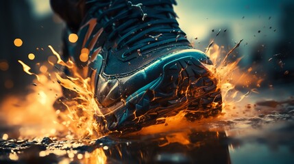 A close view of racing spikes hitting the track as an athlete explodes out of the start blocks