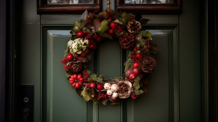  A festive wreath with red berries and pine cones on a green door