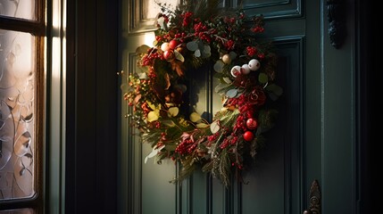  A festive wreath hanging on a door with a window in the background.