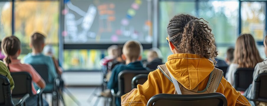 A group of diverse elementary school students sitting in a classroom and watching a movie on projector screen.