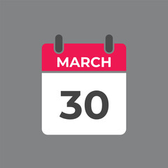 March 30 calendar reminder. 30 March daily calendar icon template. Calendar 30 March icon Design template. Vector illustration
