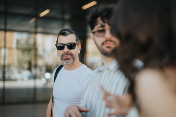 Confident middle-aged man in casual attire and sunglasses strolling in an urban setting with blurry...