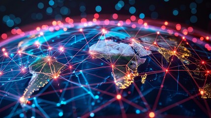Obraz premium Hightech image of global network connections with bright, colorful links spanning across a globe, emphasizing advanced technology and connectivity