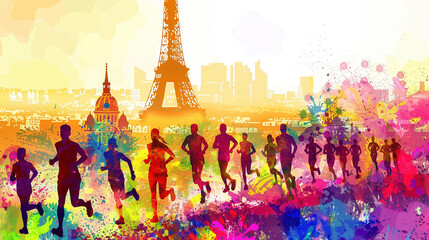 Colorful Marathon Runners in Front of Eiffel Tower, Paris