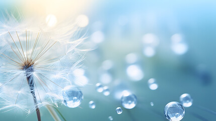 Blur Soft Light Background Abstract Nature Background,Closeup of dew drops on a dandelion seed against a blue background,