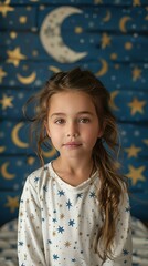 Portrait of a young girl with long hair, wearing a star-patterned shirt, set against a whimsical celestial-themed background.