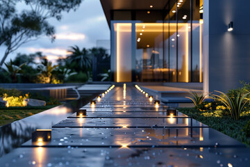 An image capturing the essence of luxury living, where the path to a modern villa is lined with...