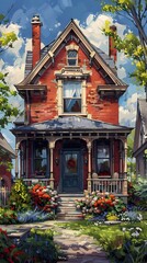 Fototapeta premium Captivating Victorian-Style Mansion Nestled in a Lush,Vibrant Landscape