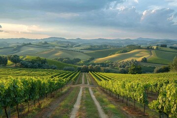 Obraz premium Dirt road winding through a vibrant vineyard with lush green vines