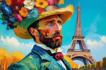 Obraz premium A man with a beard wearing a hat made of flowers in front of the Eiffel Tower, post-impressionist oil painting style. AI generated images.