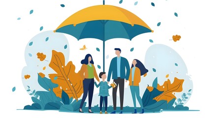 Family Walking Together Protected by Transparent Umbrella in Autumn Outdoors