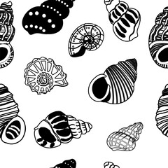 Seamless pattern with black and white hand-drawn shells in doodle style.