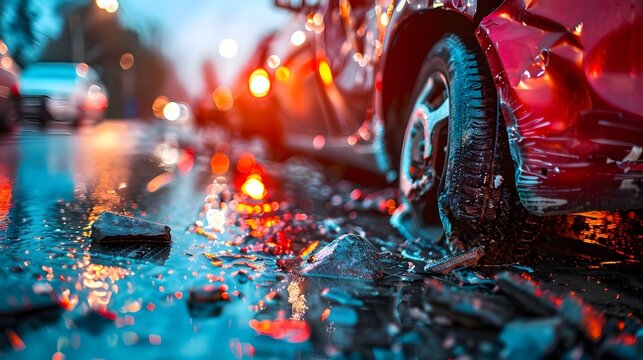 Impressionistic Cityscape of Rainy Night with Damaged Vehicle and Liability Coverage Concept
