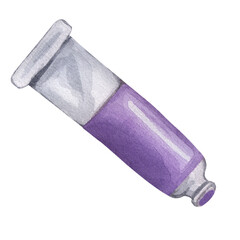 Paint tube violet purple watercolor oil acrylic tempera gouache. Packaging art colors liquid pigments. Artist palette accessories. School supplies. Hand drawn illustration isolated background