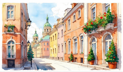 Fototapeta premium Houses of the old European city, summer landscape. Watercolor sketch of St. Petersburg