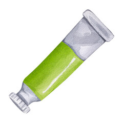Paint tube green watercolor oil acrylic tempera gouache. Packaging art colors liquid pigments. Artist palette accessories. School supplies for drawing. Hand drawn illustration isolated background