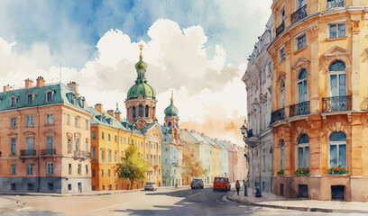 Fototapeta premium Houses of the old European city, summer landscape. Watercolor sketch of St. Petersburg