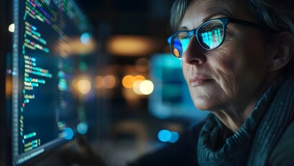 Mature person in glasses analyzing programming code on computer for cyber security. Concept Cyber Security Analysis, Programming Code, Computer Glasses, Mature Person, Technical Expertise