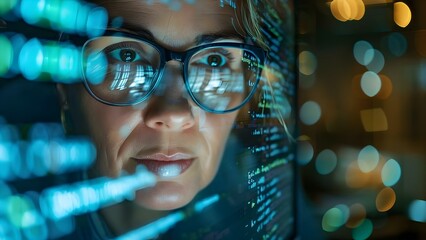 Analyzing programming code for cyber security: Mature person in glasses at computer. Concept Programming Code Analysis, Cyber Security, Mature Person, Glasses, Computer
