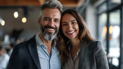 A malefemale business couple smiling together in an office setting. Concept Business Team, Office Setting, Male Female, Smiling Together, Professional Portraits