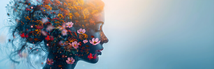 Double exposure illustration of woman profile and flowers, representing mental health awareness and women's history celebration. Ideal for women's day and mental health campaigns.