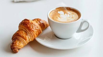 Steaming cup of aromatic coffee accompanied by a croissant, inviting a cozy coffee break on a white background.