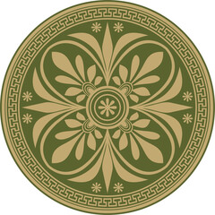 Vector gold with green classic Greek round ornament. Circle of Ancient Greece and the Roman Empire. Byzantine painting of walls, floors and ceilings. Decoration of European palaces