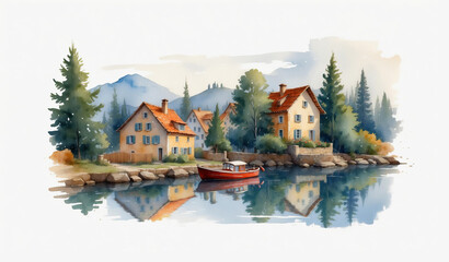 Fototapeta premium Houses with boats above the river are a landmark of the old European city, a spring landscape. Watercolor sketch