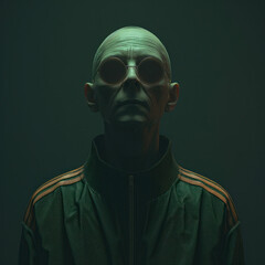 Bald man in sunglasses and adidas tracksuit posing against dark background