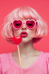 Romantic girl with a pink bob hairstyle wearing pink glasses. Retro postcard