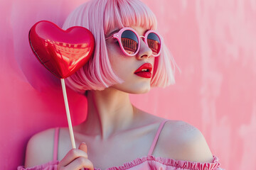 Romantic girl with a pink bob hairstyle wearing pink glasses. Retro postcard