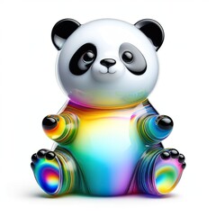 A stunning blown glass sculpture of a playful, cute panda with seamlessly blended rainbow colors, white background