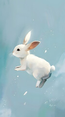 A white rabbit with long ears is leaping gracefully in the fields