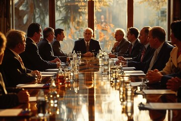 High-Level Executive Meeting in Luxurious Conference Room, Senior Leaders Discussing Strategic Decisions