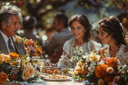Joyous Outdoor Wedding Reception, Elegant Table Setting with Guests and Floral Decorations in Sunlit Setting