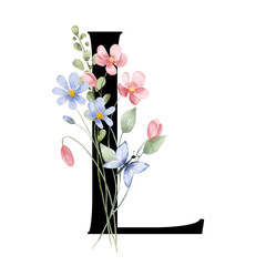 Letter L, floral monogram with watercolor wild flowers and leaf. Letterhead, initial perfectly for wedding invitation, greeting card, logo, poster and other design. Holiday design hand painting.