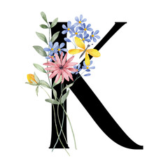 Letter K, floral monogram with watercolor wild flowers and leaf. Letterhead, initial perfectly for wedding invitation, greeting card, logo, poster and other design. Holiday design hand painting.