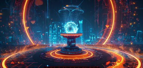 An illuminated pedestal on a VR gaming platform, surrounded by a vortex of digital particles and neon beams. The platform is the gateway to various virtual realitie