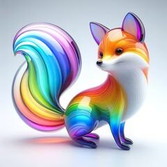 A stunning blown glass sculpture of a playful, cute fox with seamlessly blended rainbow colors, white background