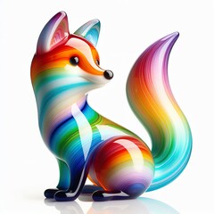 A stunning blown glass sculpture of a playful, cute fox with seamlessly blended rainbow colors, white background