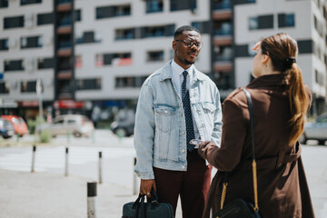 Two young professionals, a man and a woman, stand conversing on a bustling street, embodying modern business interaction and city life.