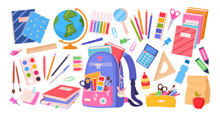 School supplies. Backpack with books, stationery and study supplies, ruler, pencil, calculator and globe flat vector illustration set. Back to school elements