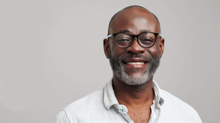 Fototapeta premium A man with glasses is smiling and wearing a white shirt