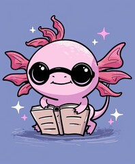 a cute cartoon axolotl character with large, round glasses reading a book, in a kawaii style