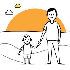 A minimalist line art illustration of a father holding a child's hand, walking towards a sunset.