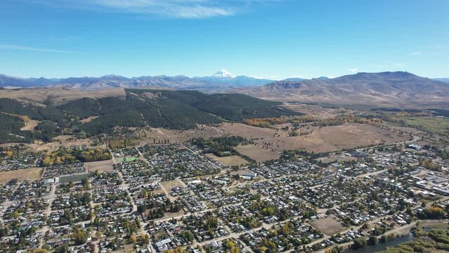 Aerial view of the City of "Junin de los Andes", Neuquen, Argentina. 4k video