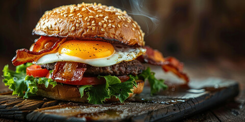 Delicious grilled hamburger with bacon, lettuce and egg on rustic wooden cutting board with smoke...