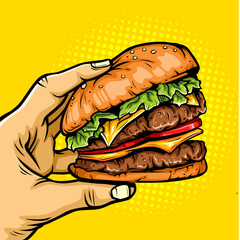 hand holding a hamburger. hand drawn realistic comic cartoon design