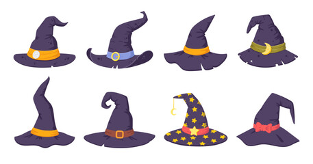 Wizard spooky hats. Halloween witch hats, Halloween party costume elements flat vector illustrations set. Cartoon witchcraft hats collection